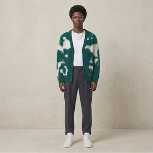 OBEY Green White Abstract Intarsia Fuzzy Knit Cardigan Sweater Size S